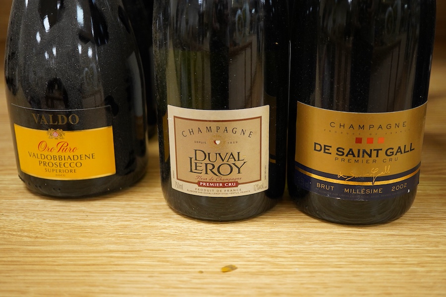 Mixed champagne and sparkling wine to include Charles LePrince champagne, 2002, Pol Roger Brut, 1990, Pierre Peters champagne Grand Cru, 2002, Alexandre Bonnet Grand Reserve Brut champagne, 3 bottles of Valdo Prosecco, t